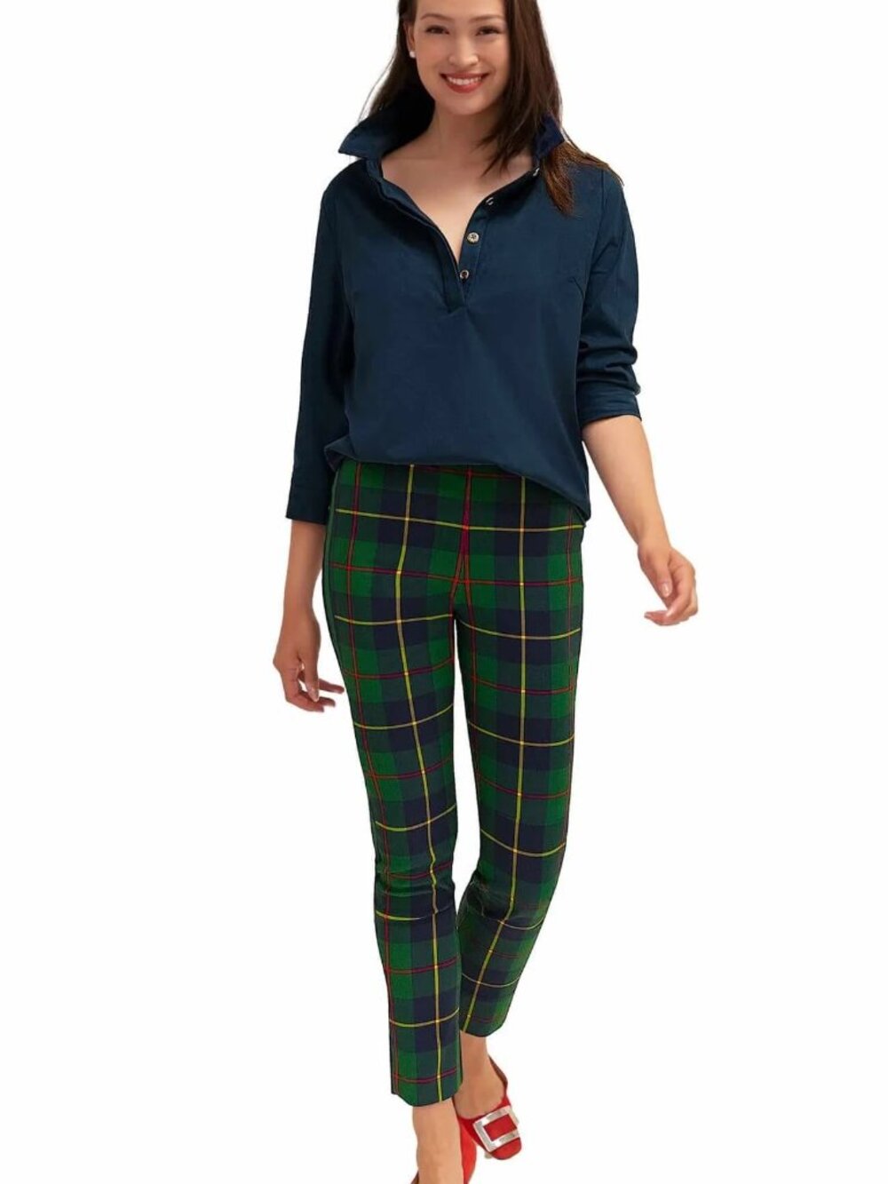 GRETCHEN SCOTT gripeless pull on pants in green plaid holiday Medium - Picture 3 of 16